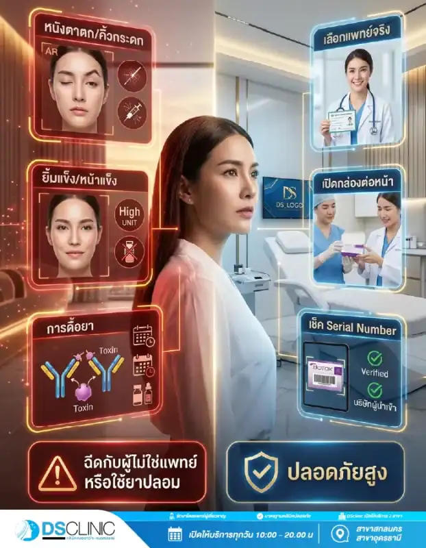ภาพเตือนภัยผลข้างเกลียงจากการฉีดโบท็อกซ์ปลอม พร้อมวิธีเลือกแพทย์จริง การเปิดกล่องต่อหน้า และวิธีเช็ก Serial Number เพื่อความปลอดภัยสูง โดย DS Clinic