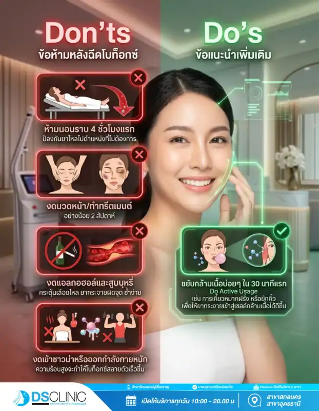 ข้อห้ามและข้อแนะนำหลังฉีดโบท็อกซ์ (Do's & Don'ts) เช่น ห้ามนอนราบ 4 ชั่วโมงแรก, งดนวดหน้า 2 สัปดาห์, งดแอลกอฮอล์และซาวน่า และแนะนำให้ขยับกล้ามเนื้อบ่อย ๆ ใน 30 นาทีแรก เพื่อให้ยากระจายตัวได้ดี