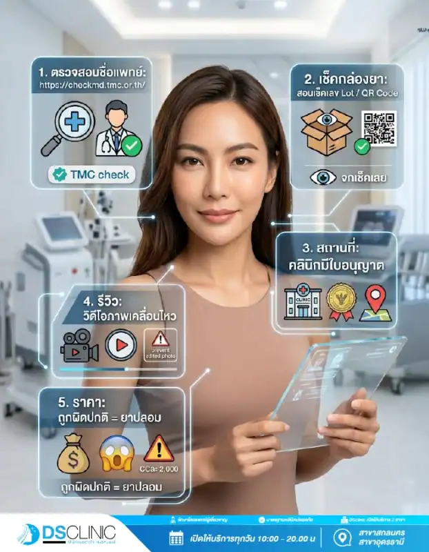 5 วิธีตรวจสอบความปลอดภัยก่อนฉีดผิว เช็กชื่อแพทย์ ตรวจกล่องยา ดูใบอนุญาตคลินิก รีวิวภาพเคลื่อนไหว และระวังราคาที่ถูกผิดปกติ