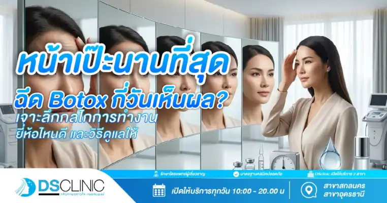 ภาพหน้าปกอินโฟกราฟิกผู้หญิงส่องกระจกเผยผิวเรียบเนียน หัวข้อฉีด Botox กี่วันเห็นผล เจาะลึกกลไกการทำงานและวิธีดูแลตัวเอง โดย DS Clinic