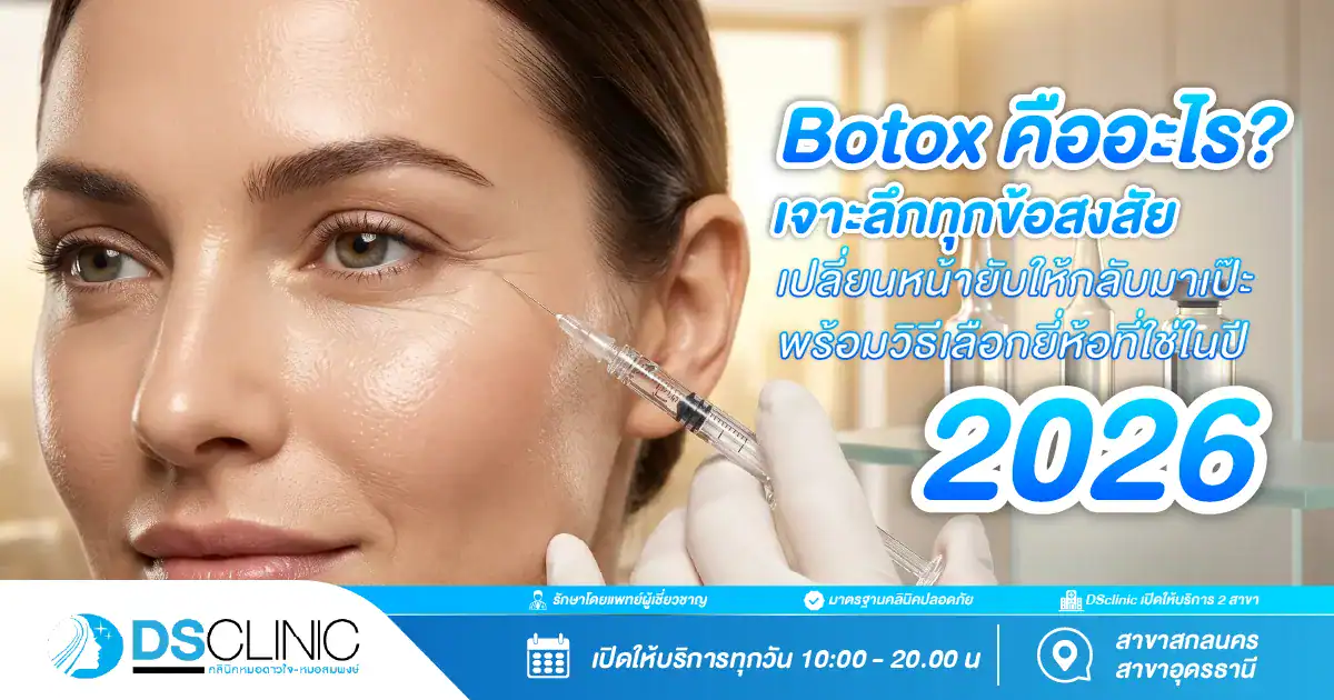 ภาพหน้าปกบทความสาระน่ารู้เรื่องโบท็อกซ์ปี 2026 หัวข้อ Botox คืออะไร เจาะลึกทุกข้อสงสัย เปลี่ยนหน้ายับให้กลับมาเป๊ะ พร้อมวิธีเลือกยี่ห้อ โดย DS Clinic